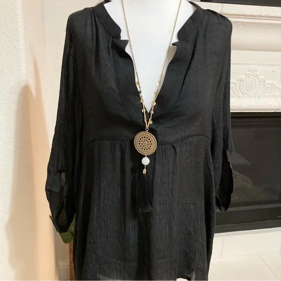 Black and Gold Medallion Tassel Long Necklace - Picture 1 of 6